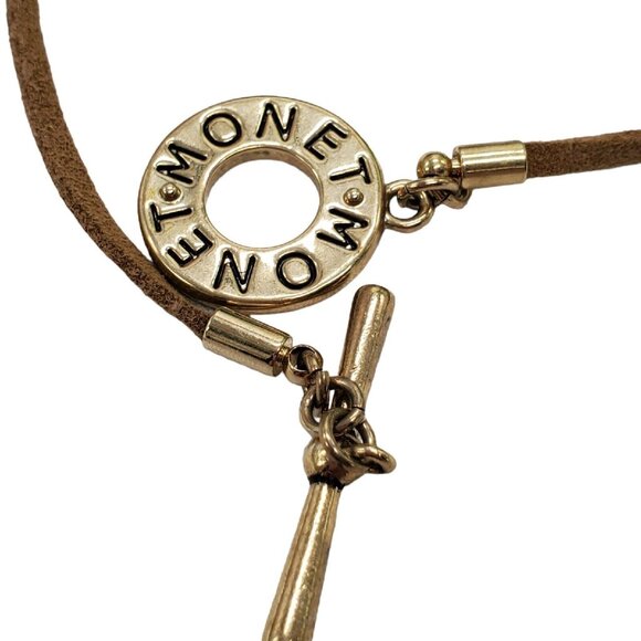 Vintage Signed Monet Set Necklace 38" Earrings 2" Green Bead Gold Tone Suede - Picture 7 of 12